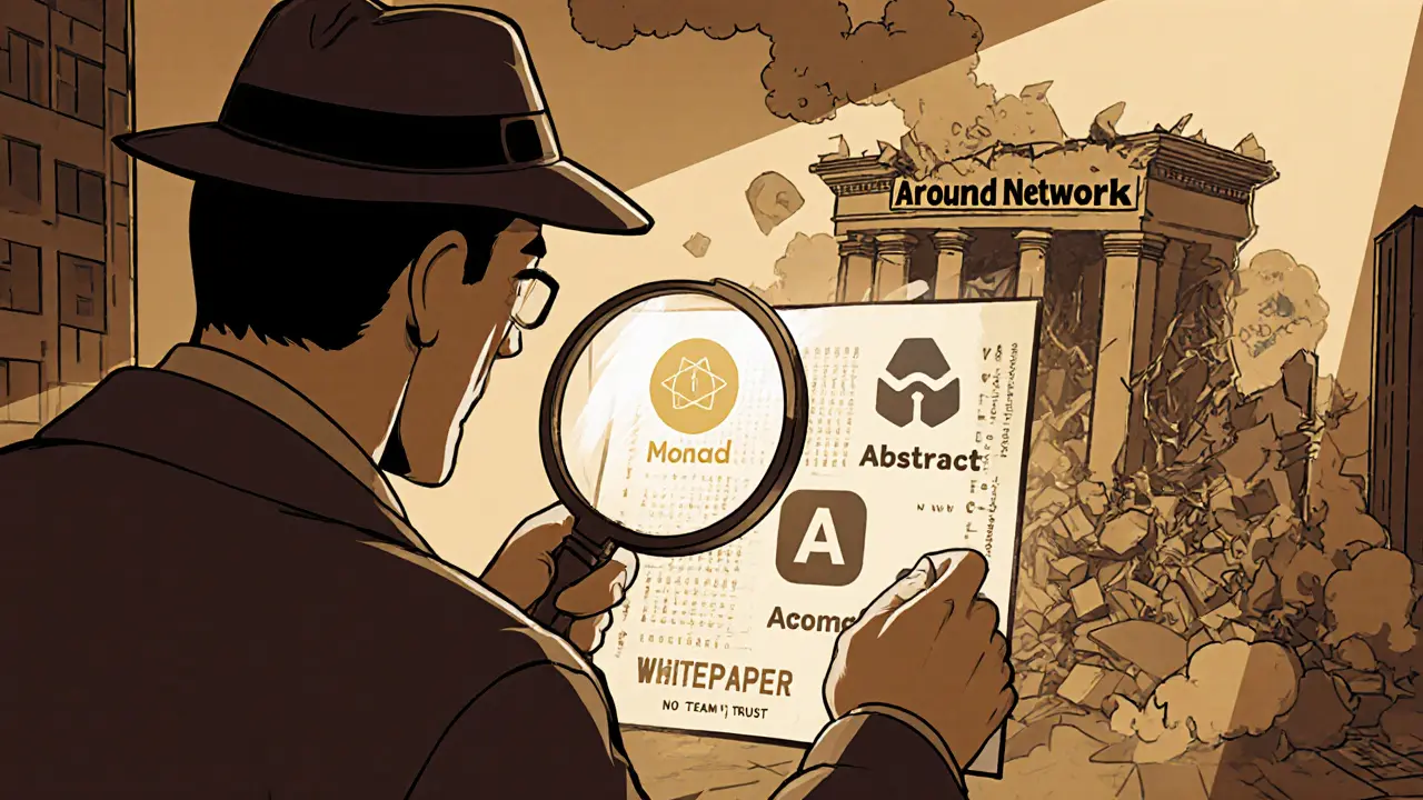 A detective examines a blockchain ledger showing real projects as a fake crypto company crumbles behind.