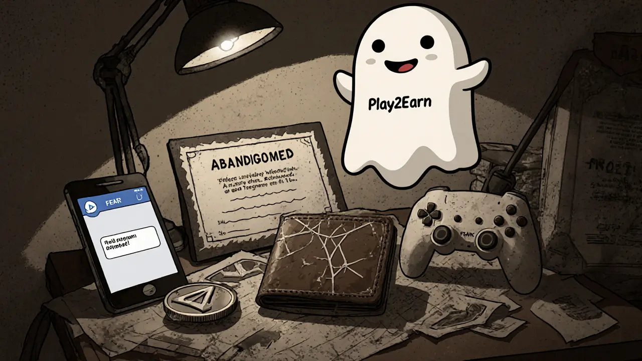 A forgotten FEAR token in a dusty wallet beside a dead phone and abandoned game controller under a dim lamp.