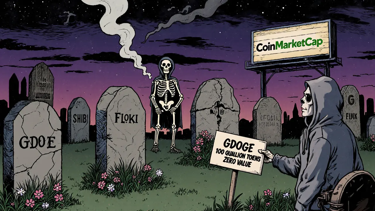 A graveyard of meme coins includes a tombstone for GDOGE, with a skeleton holding &#039;Airdrop Bait&#039; under a flickering listing billboard.