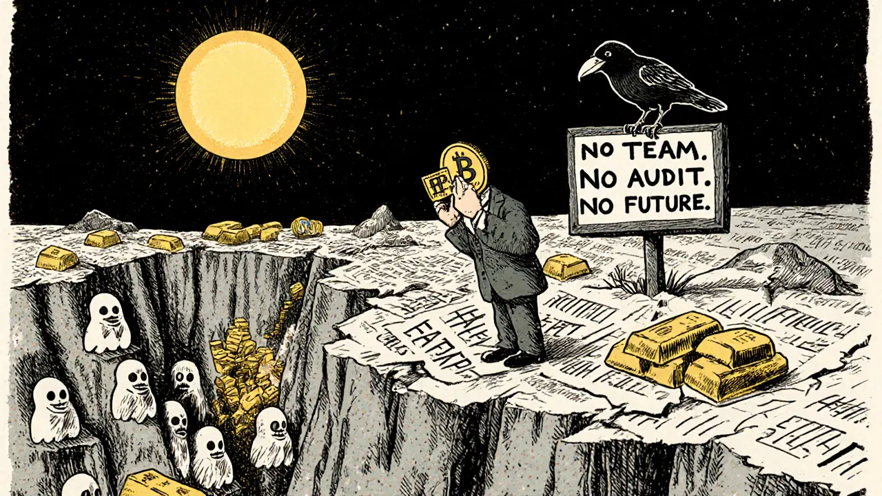 A lone investor stands on crumbling charts facing an abyss labeled &#039;Rug Pull&#039; with a raven warning of no future.