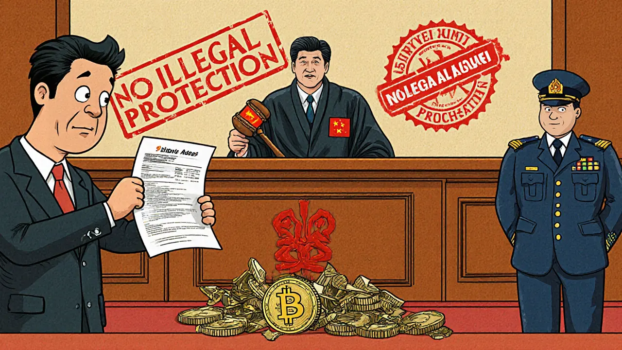 A man in court pleading for stolen crypto, but the judge declares it illegal.