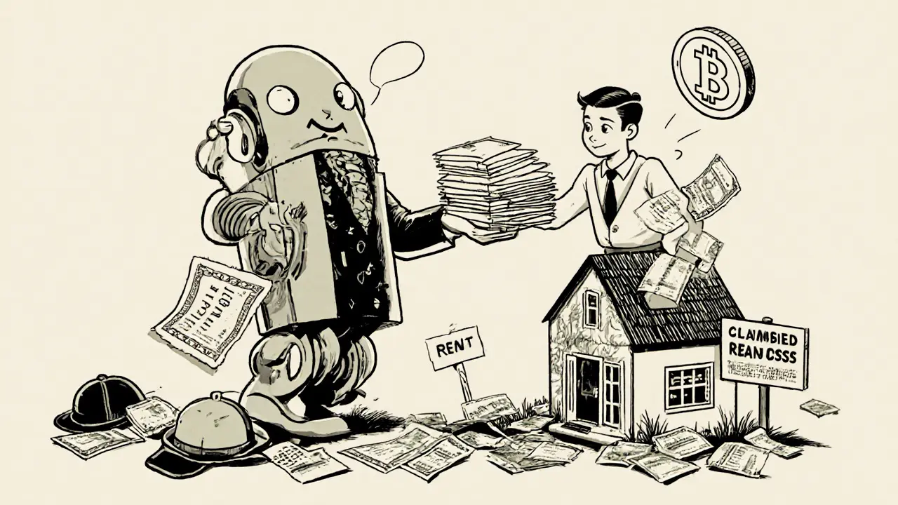 A man struggles with paper deeds while a young investor receives a digital property token.