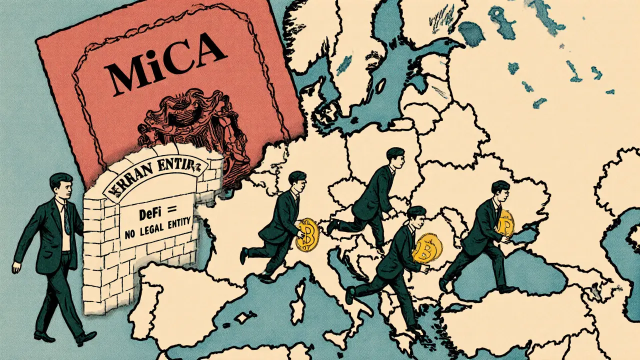 A MiCA passport stamp opens a path through Europe for licensed firms, blocking DeFi projects.