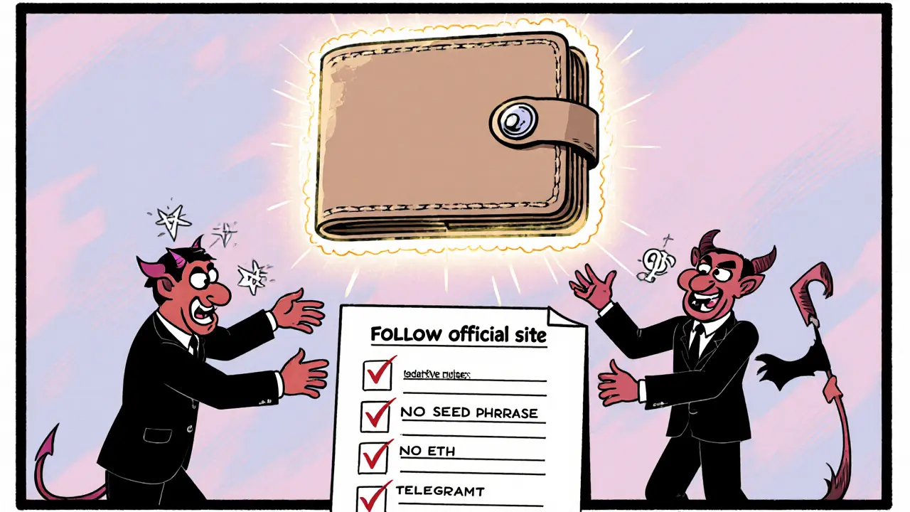 A safe wallet above a checklist of airdrop safety rules, while cartoon devils try to steal it with fake links.