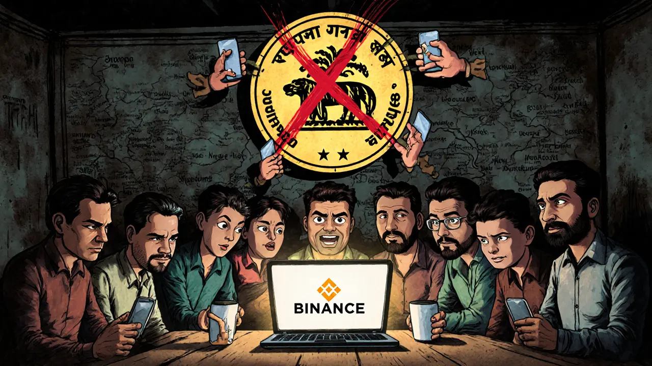 A secret crypto hub in a Dhaka basement with traders, maps, and a torn bank seal as phones glow with digital transactions.