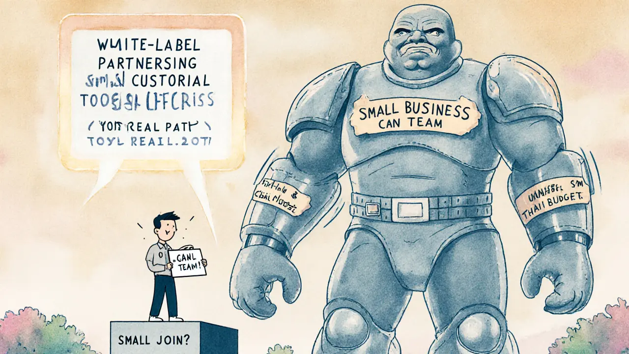 A tiny startup founder dwarfed by giant figures representing legal costs and Thai office requirements, with a sign pointing to alternative paths.