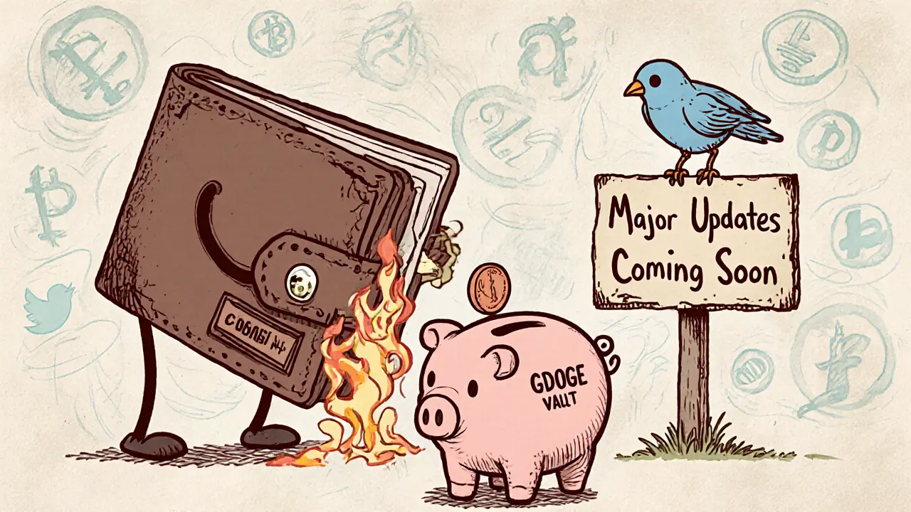 A wallet tries to claim rewards from a broken piggy bank, burning gas fees as bot messages swirl around it.