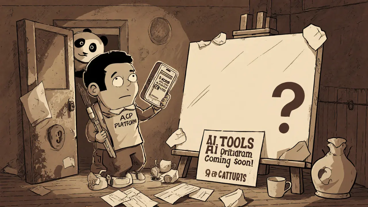 An artist confused by a blank AOP platform with a locked door and &#039;AI Tools Coming Soon&#039; sign.