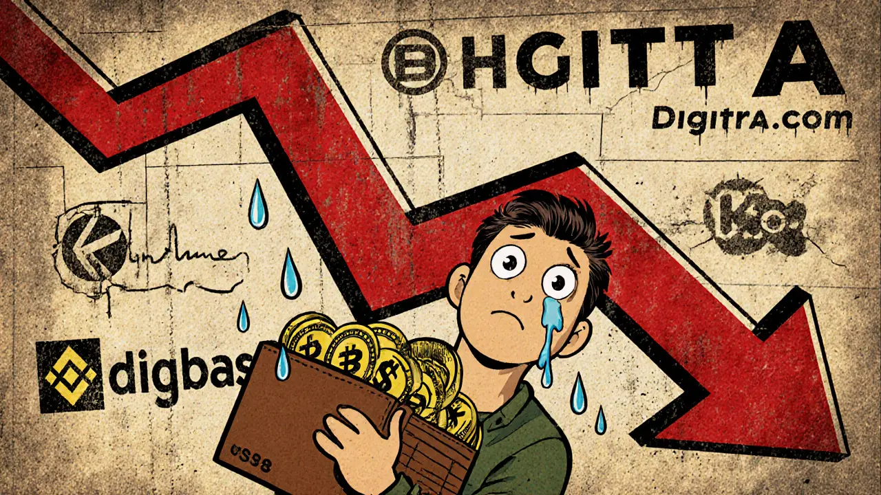 Confused user watching DGTA tokens melt as major exchanges fade into the background.