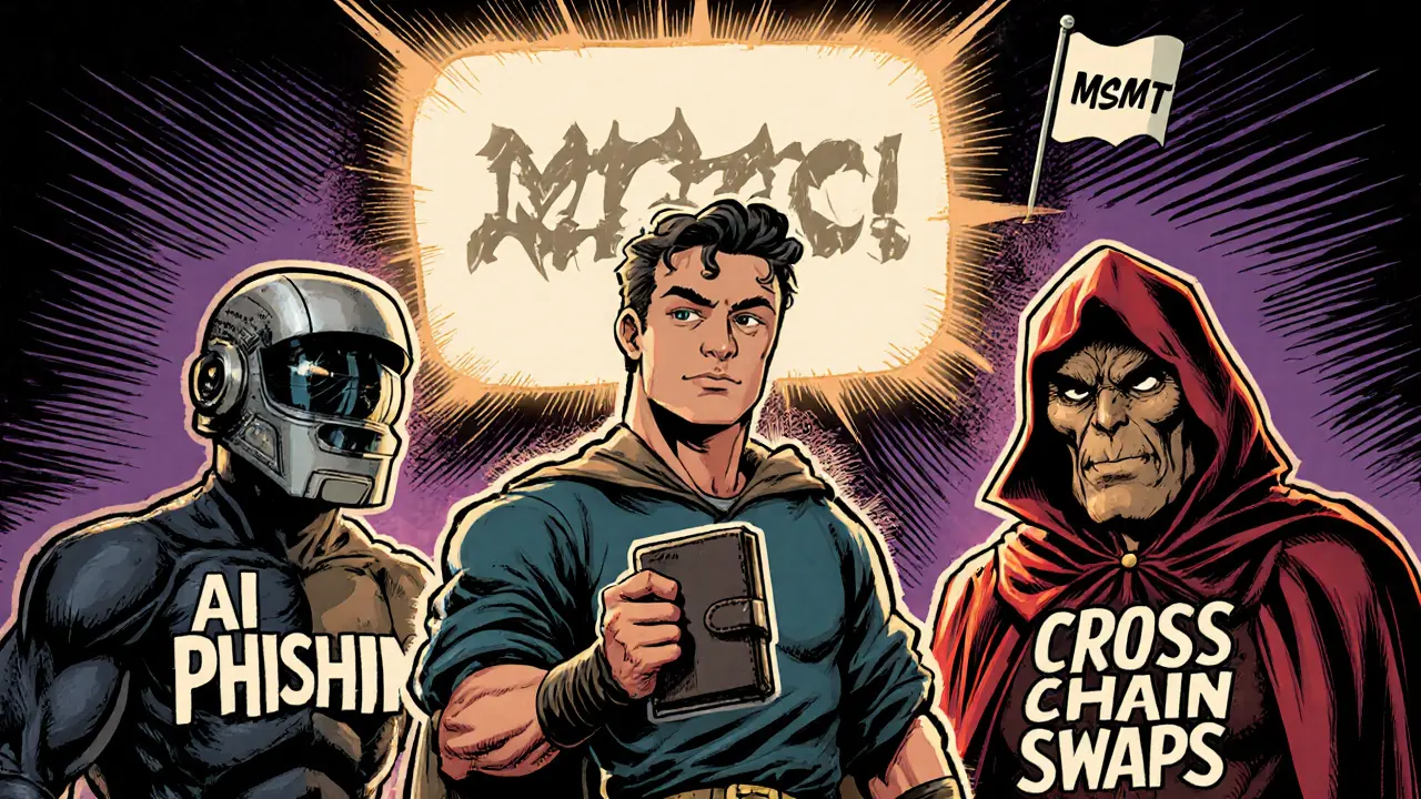 Crypto user shielded by hardware wallet, facing AI phishing and cross-chain villain.