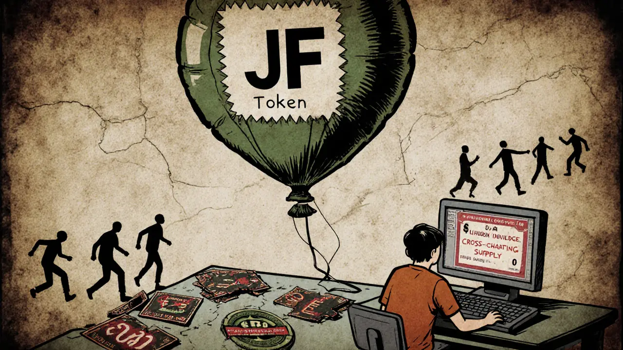 Deflated JF token balloon floating over an abandoned DeFi platform with broken icons.