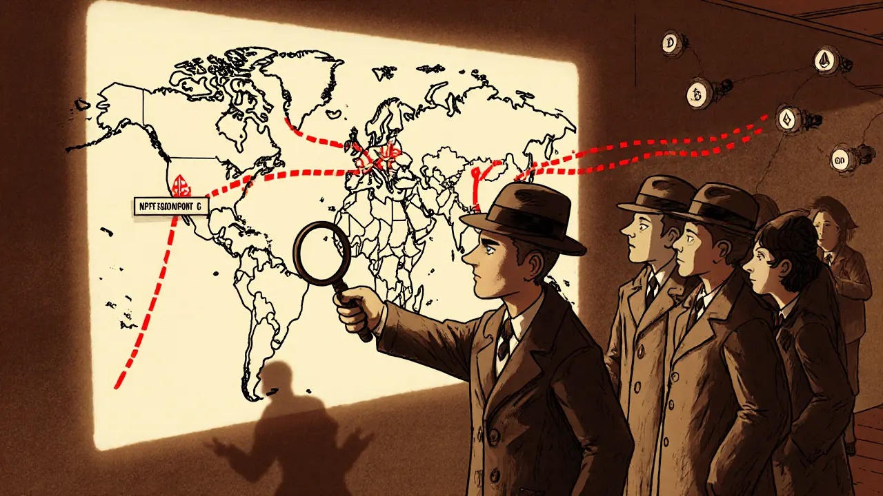 Global detectives tracing crypto theft on a glowing blockchain map with red trails.
