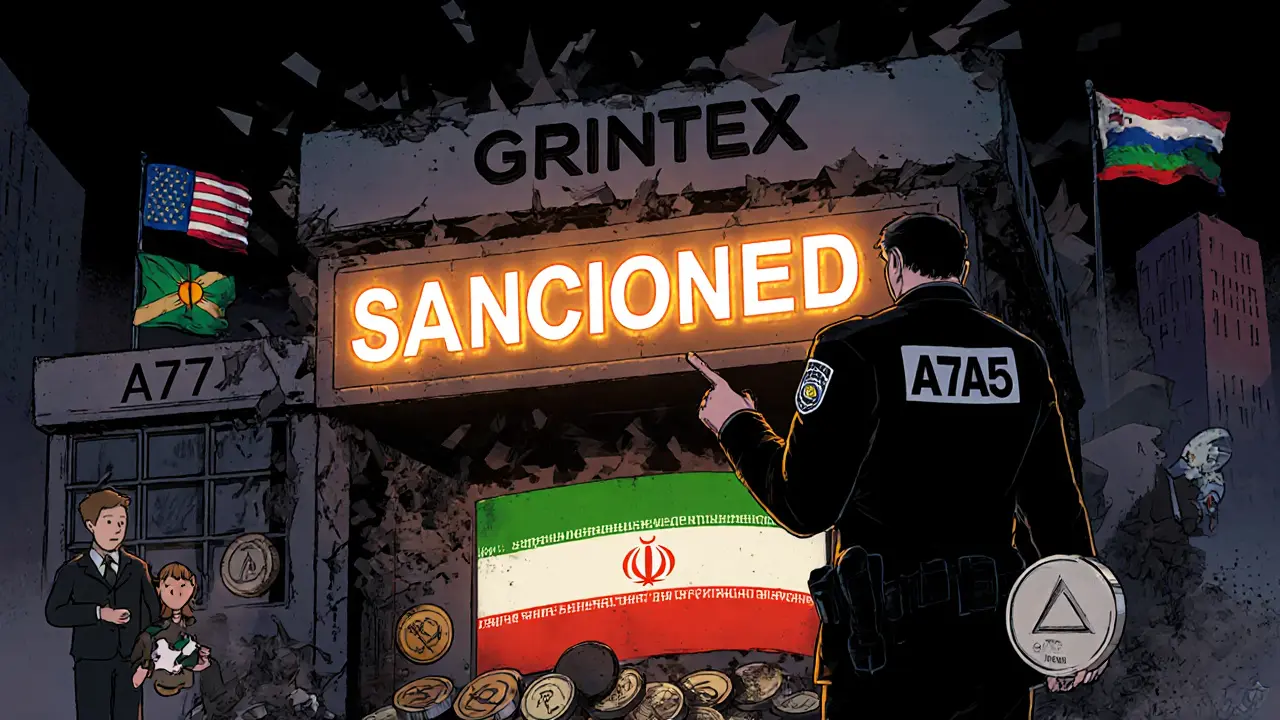 Grinex exchange rises after Garantex shutdown, flagged by U.S. authorities in vintage cartoon style.