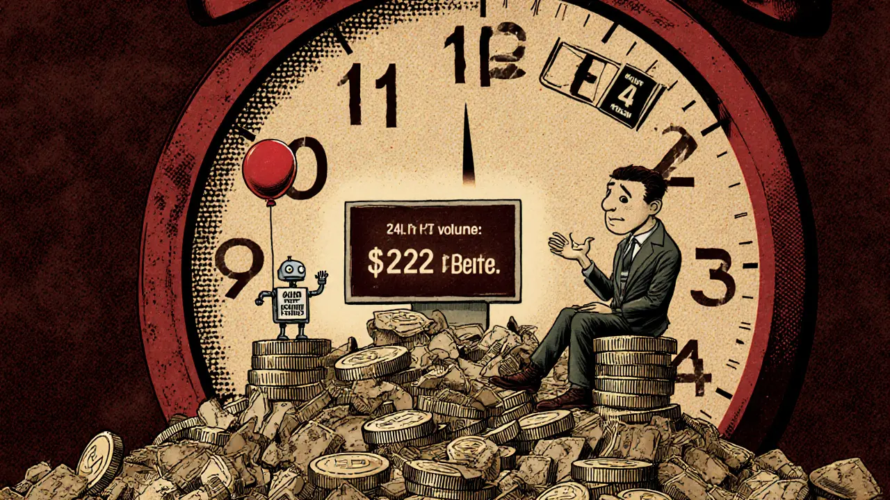 Investor sitting on crumbling DGTA tokens as a tiny robot offers a marketing balloon.