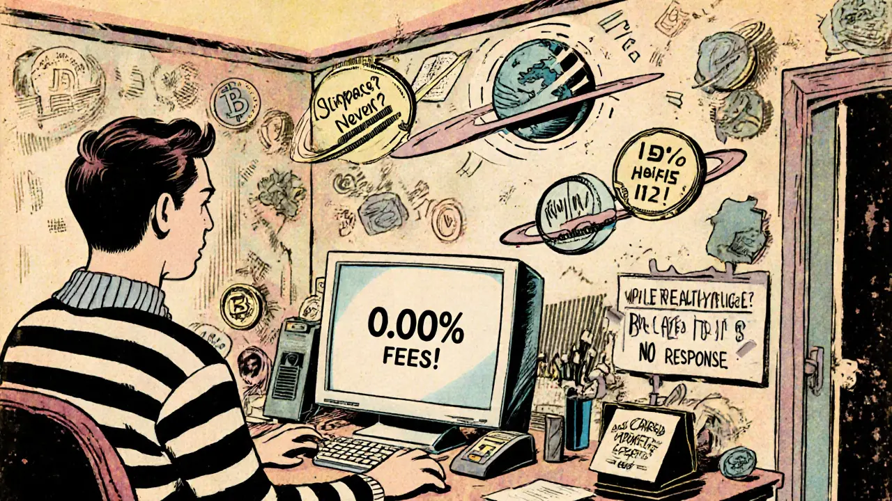 Man in sweater stares at 0% fee screen while ORN tokens orbit and customer support phone lies disconnected.