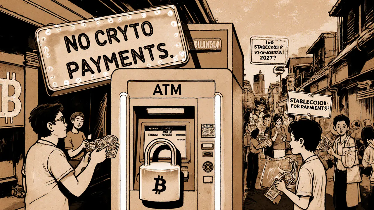 People buying coffee with rupiah while crypto ATM is locked with &#039;No Payments&#039; sign