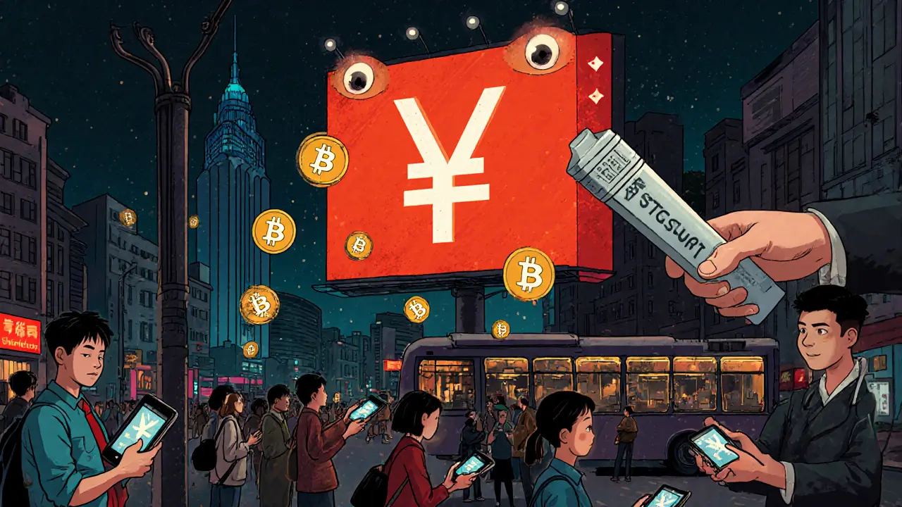 People using digital yuan in a city while others secretly trade crypto in shadows.