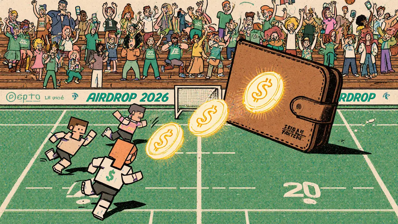 Pixel football players shooting $GOAL tokens into a wallet goalpost as vintage fans cheer.