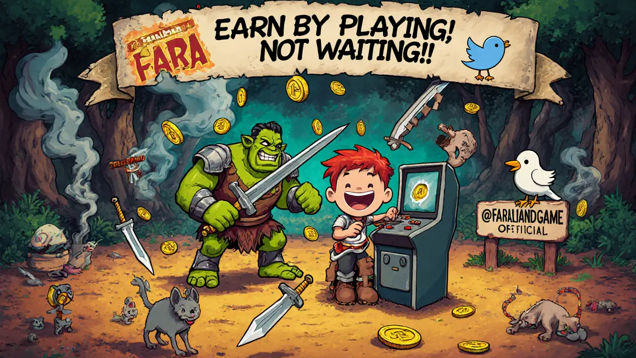 Player earning FARA tokens by battling orcs in a colorful RPG game, with official Twitter visible.