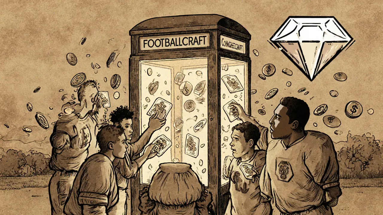 Players pulling NFT cards from a telephone booth with CoinMarketCap diamond glowing above.