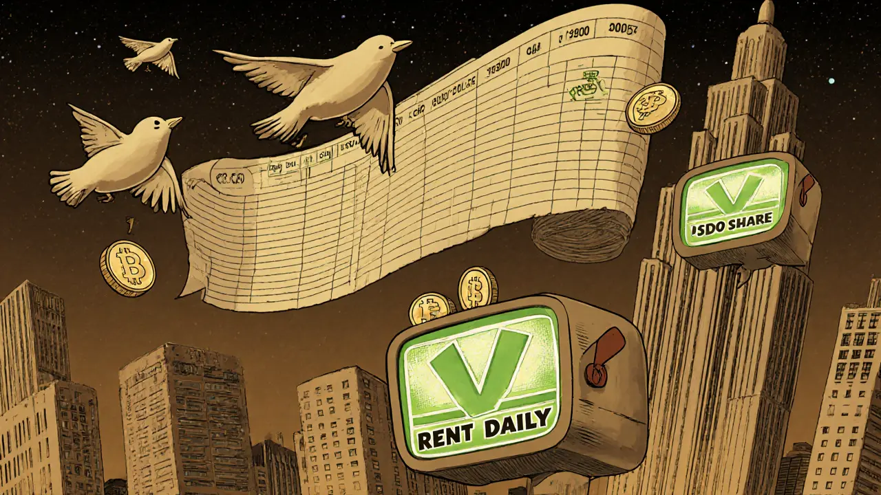 Retro-futuristic digital marketplace with smart contracts delivering rent as USDC coins.