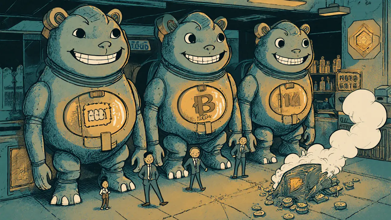 Retro-futuristic Thai crypto exchanges as mechanical beasts with vaults for bodies, serving happy users, while an unlicensed exchange crumbles into smoke.