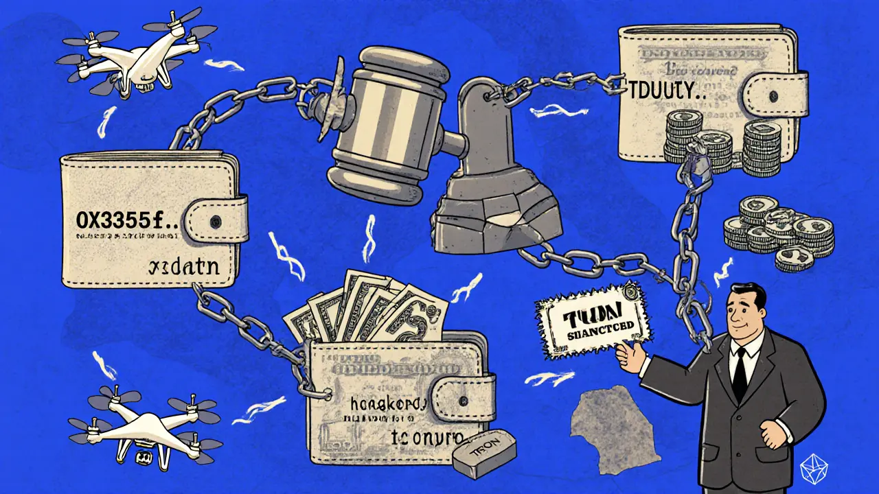 Sanctioned crypto wallets chained by OFAC, linked to global shell companies and drone parts.