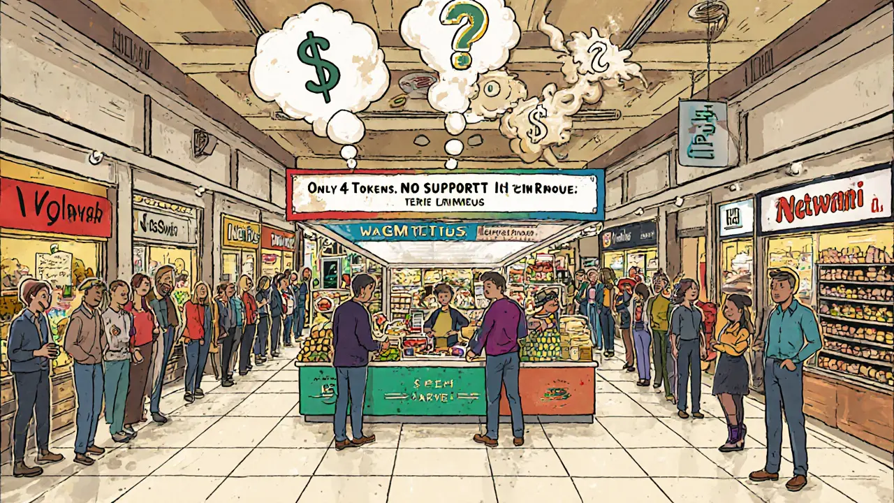 Small WAGMI grocery store in a large Metis mall, with empty shelves and other busy exchange stores nearby.