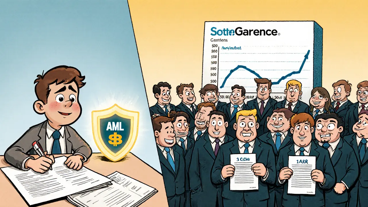 Split scene: small startup with AML shield vs. big firm with 50+ staff and rising compliance cost graph, all in vintage cartoon style.