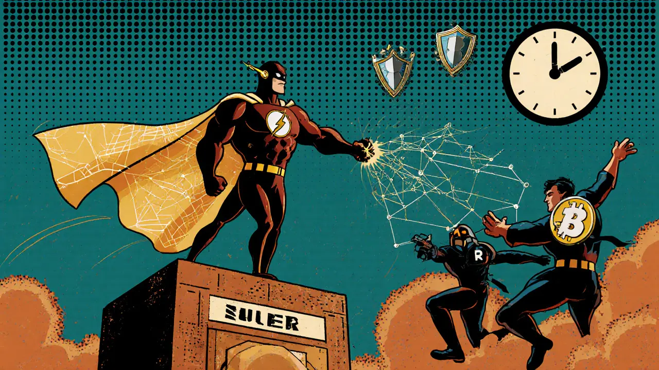 Superhero FlashDeFier traps flash loan attackers with taint-detection nets on a blockchain tower.