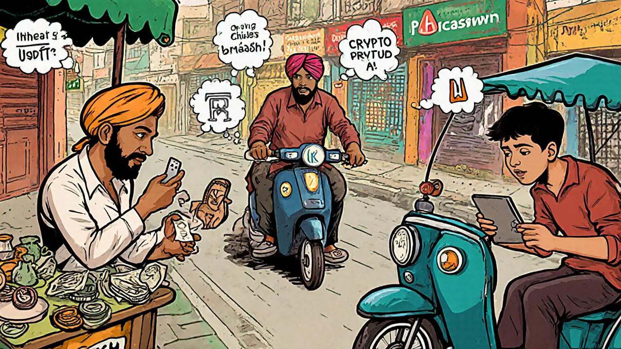 Three crypto trading methods unfold in a Dhaka street: cash at a tea stall, mobile payment on a rickshaw, and DEX on a tablet.