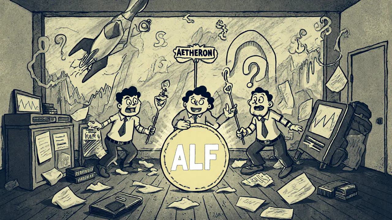 Three traders arguing over a token on a chaotic trading floor with mismatched blockchains and price graphs.