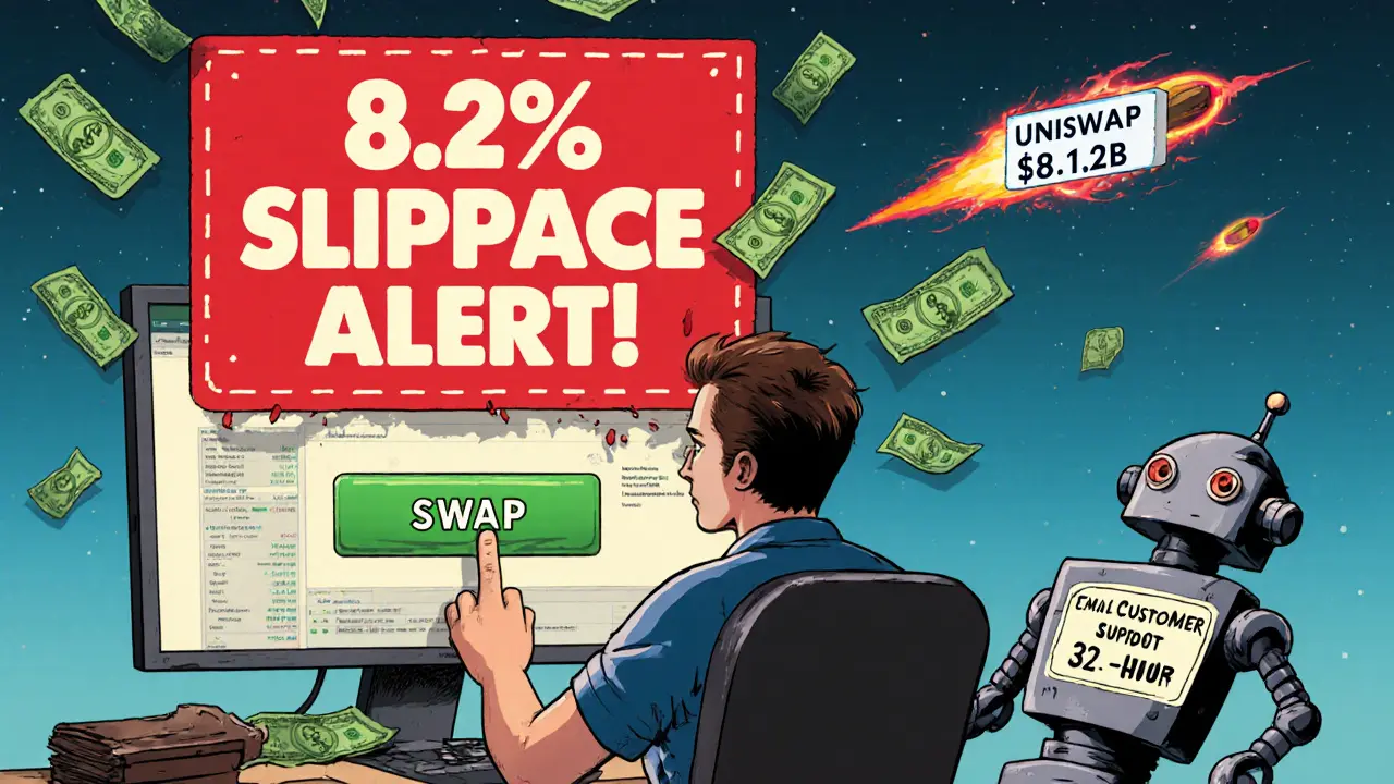 Trader losing money to high slippage, dollar bills flying away as TVL warnings glow in the background.