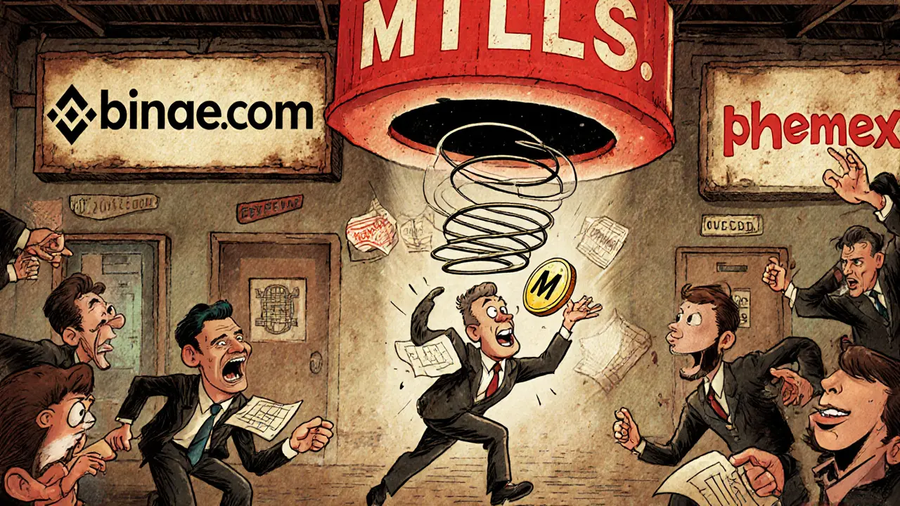 Traders panic on a chaotic floor as an MTLS token floats above a <h2>Who’s Behind eMetals? No One Knows.</h2> market cap sign in 1950s cartoon style.