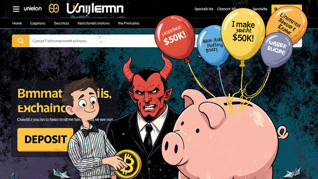 Victim depositing crypto into a scam site while a demon drains his wallet into a piggy bank