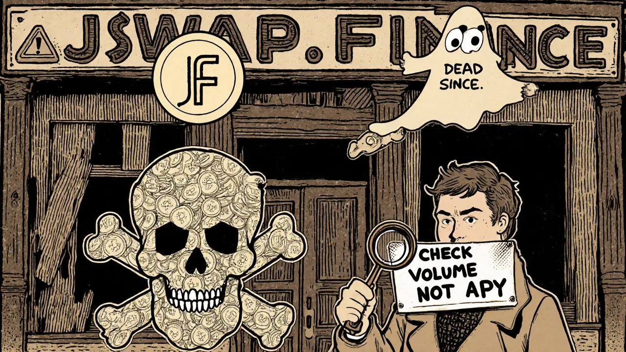 Warning sign shaped like a skull made of crypto coins, with a ghostly JF token floating above.