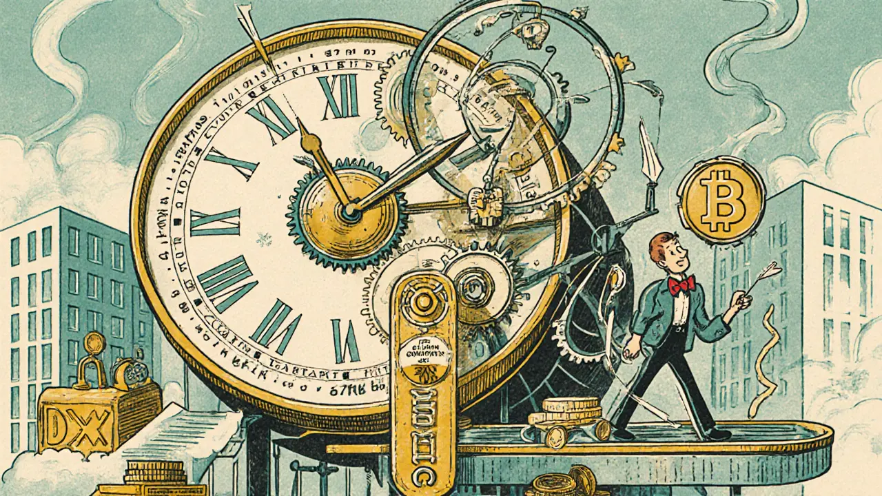 Whimsical clockwork Virtual Order Book machine matching trades with spinning gears and dancing coins.