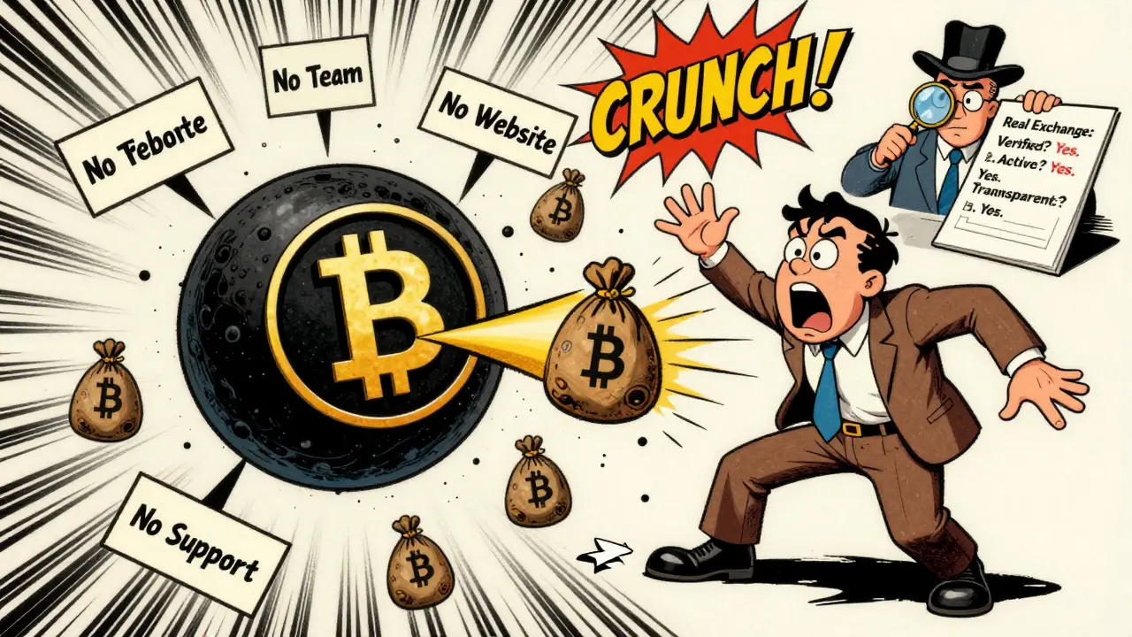 A black hole swallows crypto coins as a terrified investor is pulled in, surrounded by warning signs.