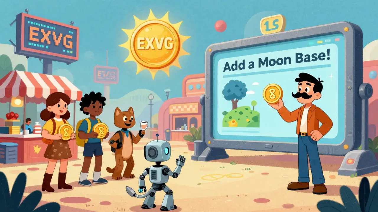 A bustling marketplace on a cartoon planet where avatars trade NFTs and vote on proposals using EXVG tokens as currency.