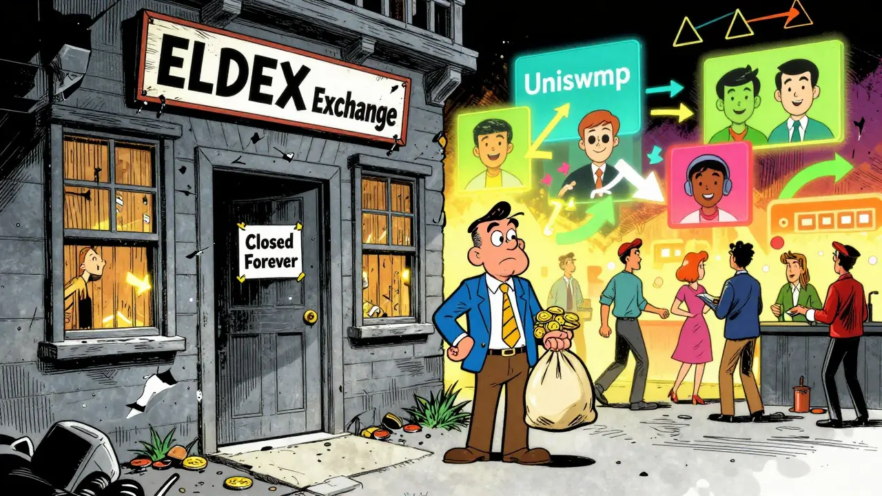 A confused trader stands before a crumbling ELDEX Exchange building while other exchanges glow brightly behind.