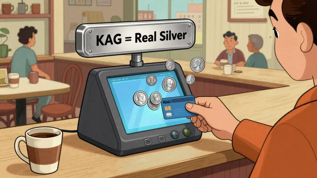 A customer using a virtual card at a coffee shop, with silver coins transforming into currency.