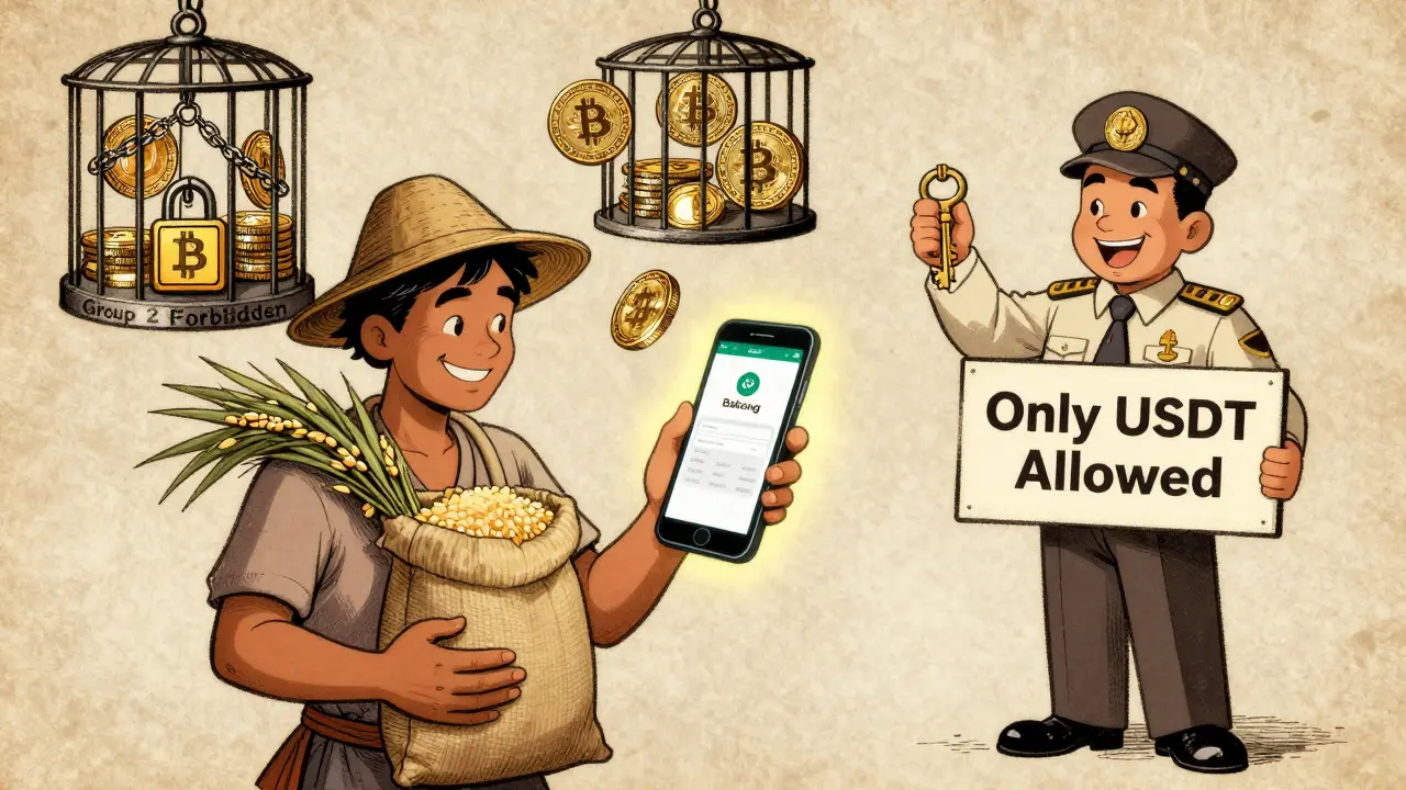 A farmer using Bakong app while Bitcoin and Ethereum coins are locked in a cage labeled 'Group 2 Forbidden'.