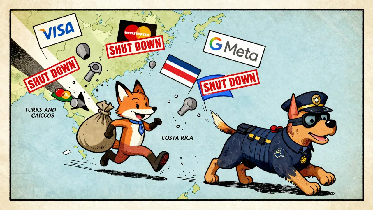 A fox mascot flees across countries chased by a treasury dog, tripping over banned payment logos