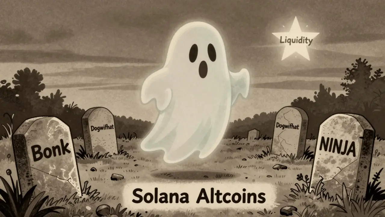 A ghostly NINJA token floating above a graveyard of dead crypto projects in retro cartoon art.