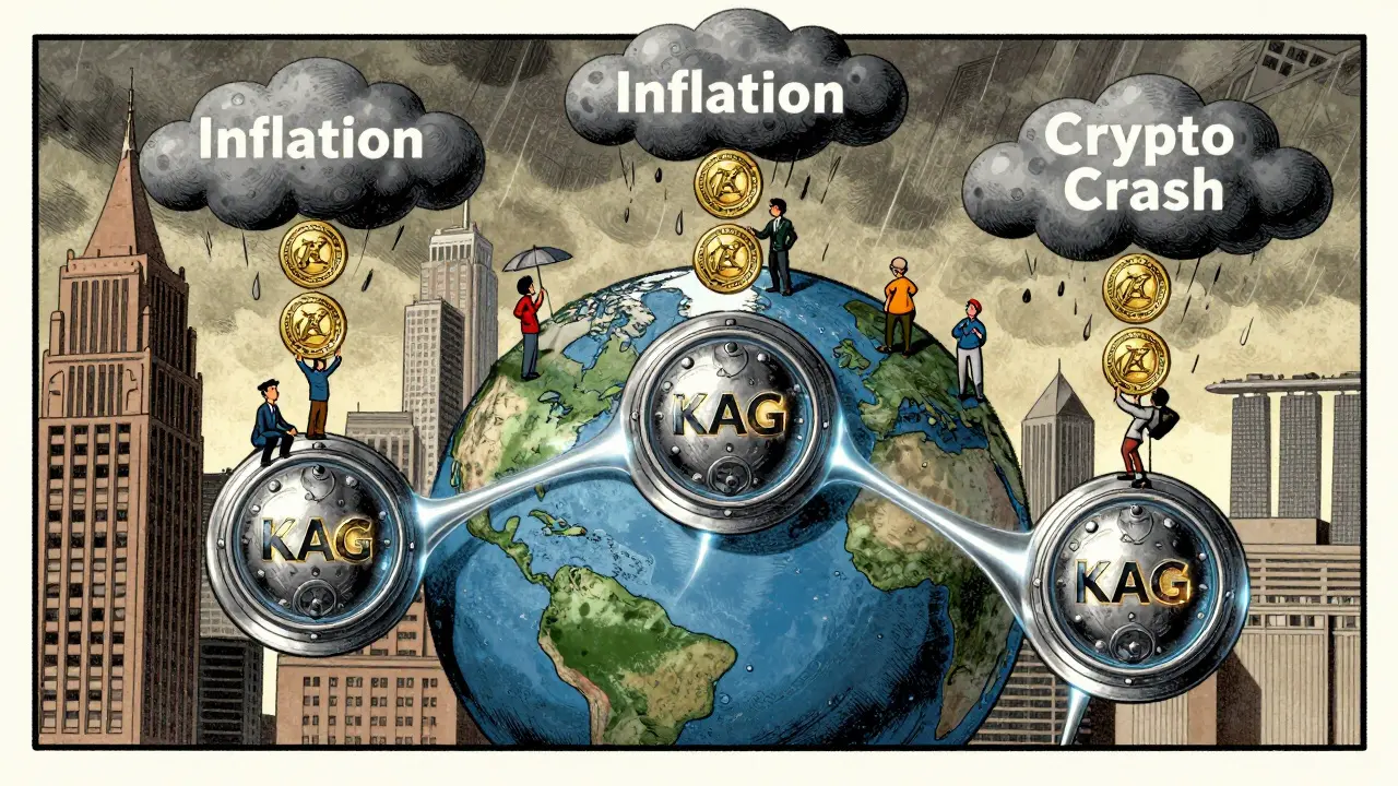 A globe with silver vaults connected by glowing lines, protecting people from economic storms.