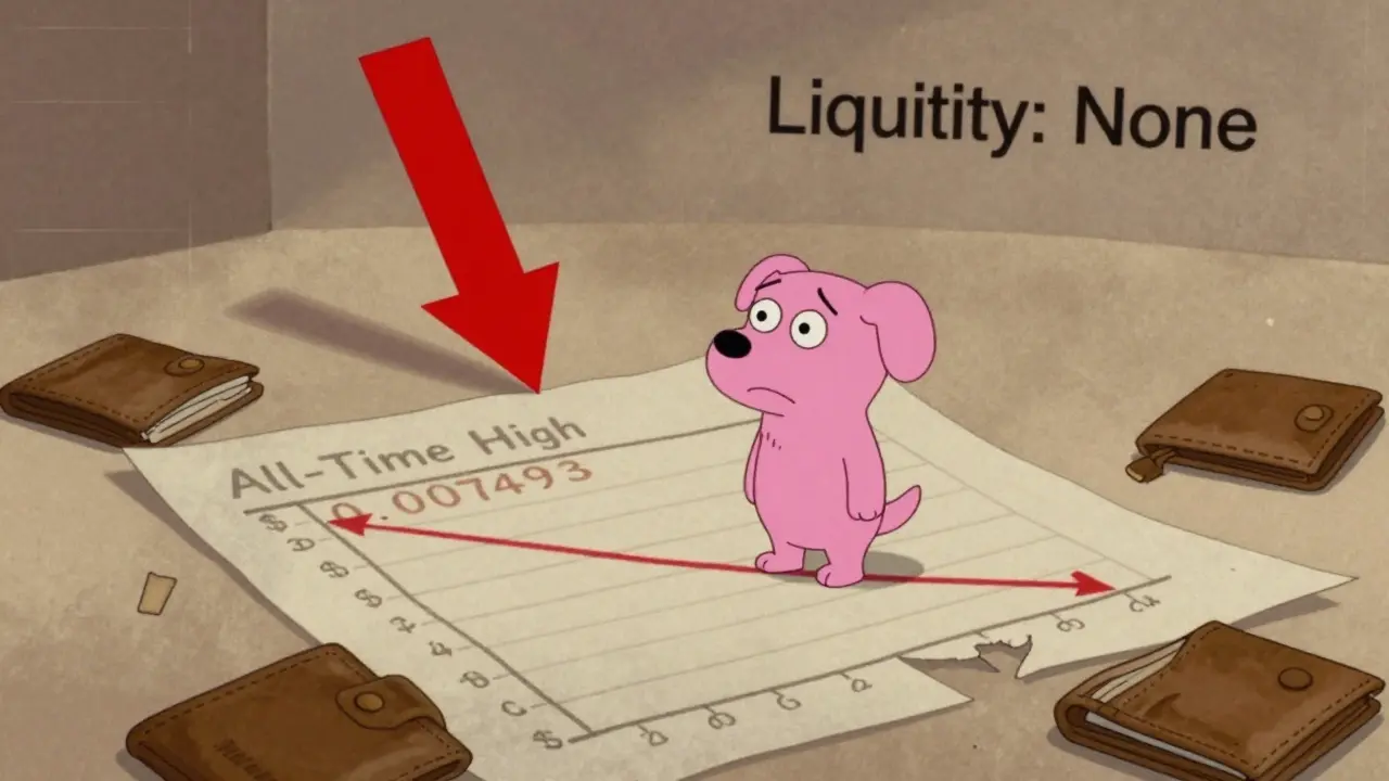 A lonely CCDOG token on a crashing chart surrounded by empty wallets.