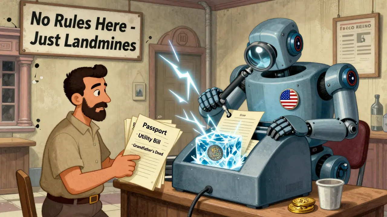 A man submits endless documents to a robotic bank teller, his Bitcoin frozen in ice under U.S. sanctions in vintage cartoon style.