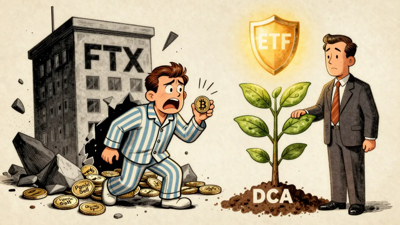 A nervous investor watches a crypto exchange collapse while another calmly plants a DCA tree beside a growing Bitcoin sapling.