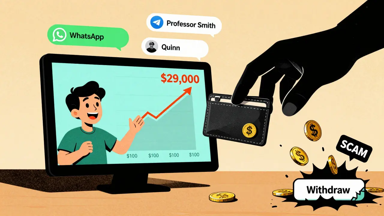 A person celebrates fake crypto gains as a shadowy hand steals their wallet.
