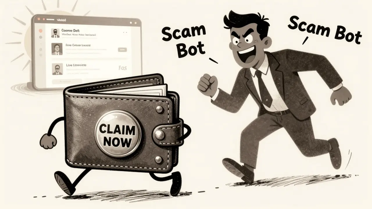 A running wallet fleeing from a fake 'CLAIM NOW' button as a scam bot laughs in the background.